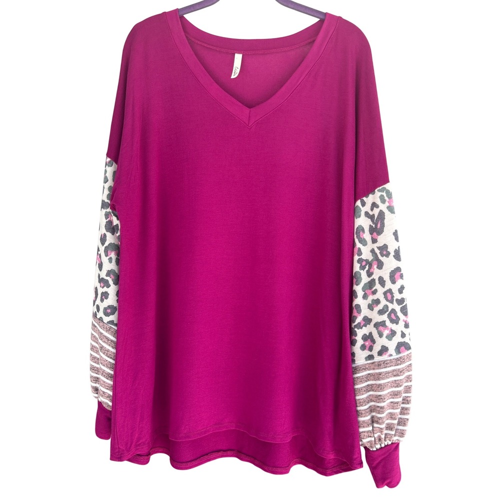 Celeste V Neck Long Sleeve Top Leopard Print Striped Sleeve Detail